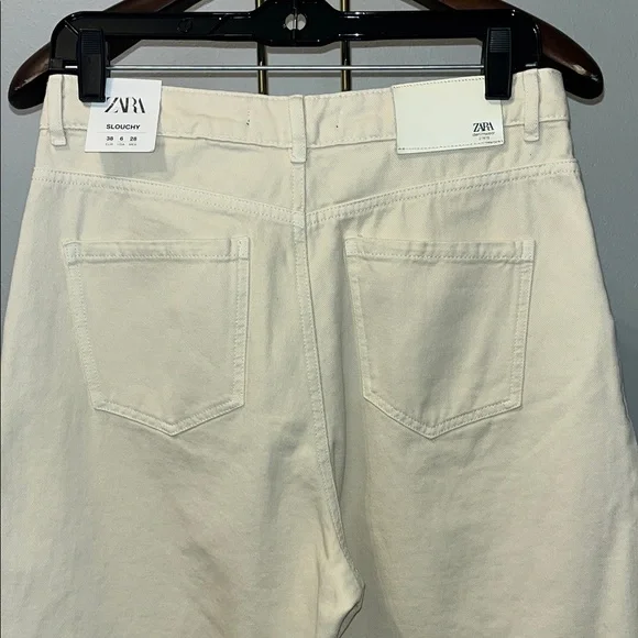 Zara Slouchy Jeans Black Label High Waist Pleated Cream Cropped - Size 6 NWT - Picture 7 of 12